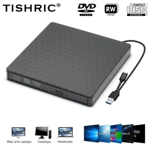 TISHRIC CD DVD External USB Optical Drive Burner Adaptor Portable DVD Player Reader Writer RW USB 3.0 Type C Cable For PC Laptop